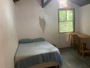 1 dormitorio con cama, ventana y mesa en Shanti Yoga Forest House, en Florianópolis
