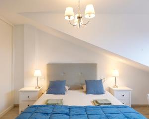 a bedroom with a large bed with blue pillows at Ático con terraza en playa de San Lorenzo in Gijón