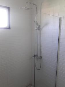 y baño con ducha y puerta de cristal. en La Delia en Gualeguaychú