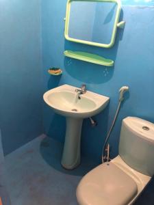 a bathroom with a sink and a mirror and a toilet at Sunset Beach Cabana in Ambalangoda