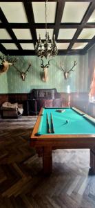 a pool table in a room with deer heads on the wall at Pałac Borowa in Borowa