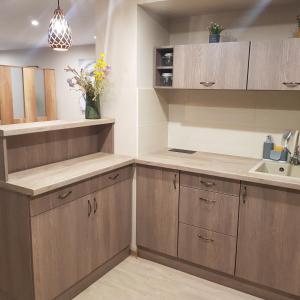 a kitchen with wooden cabinets and a sink at Mamacita stúdió apartman in Győrújbarát