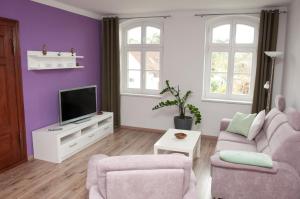 een woonkamer met paarse muren en een tv bij Ferienwohnung Alte Schule in Vetschau