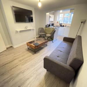 a living room with a couch and a coffee table at London Apartment - Near Kings Cross St Pancreas! in London