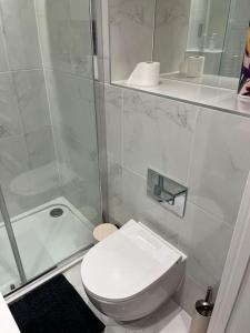 een witte badkamer met een toilet en een douche bij 1 Bed Flat in Burton