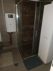 a shower with a glass door in a bathroom at Apartman MASTER Porta Infinitas in Vrnjačka Banja