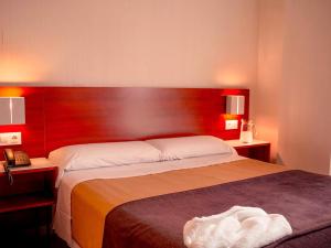 セビリアにあるアパルタメントス ヴェルティス ビブ ランブラのベッドルーム1室(大型ベッド1台、木製ヘッドボード付)
