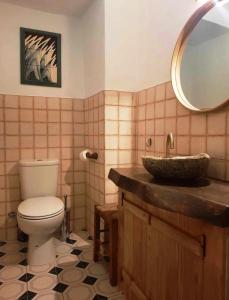 a bathroom with a toilet and a sink with a mirror at Casa Malva - Traditional townhouse apartment in Monchique +34 photos