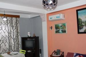 Niveau de Villa entre Béjaïa et Jijel (Ziama) في جيجل: غرفة معيشة مع تلفزيون وجدار