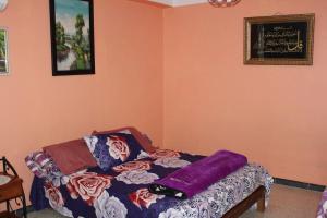 a bedroom with a bed with a purple blanket on it at Niveau de Villa entre Béjaïa et Jijel (Ziama) in Jijel