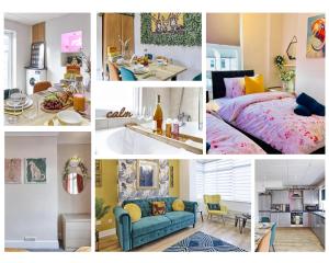 un collage de fotos de un dormitorio y una sala de estar en Stunning Tropical Oasis By Artisan Stays I Free Parking I Long-stay Offer I Relocation or Business, en Southend-on-Sea
