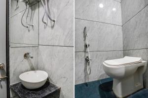 two pictures of a bathroom with a toilet and a shower at FabHotel Royal Orbits in Surat