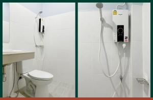 two pictures of a bathroom with a shower and a toilet at Evergreen Guest House in Khao Sok National Park