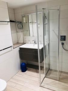 a bathroom with a sink and a shower at Ferienwohnung Uferresidenz in Überlingen