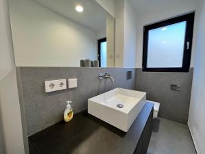 a bathroom with a white sink and a window at seenahe Design-Ferienwohnung Loft Azur in Überlingen