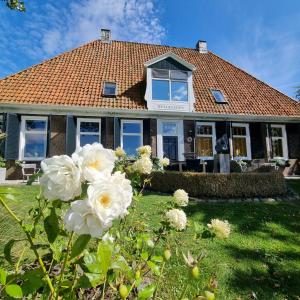 una casa con flores blancas en el patio en B&B Welgelegen en Workum