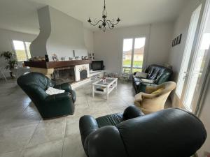 a living room with two couches and a fireplace at Chez evelyne et titou in Bordères