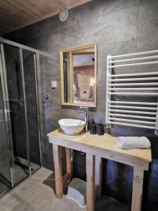 a bathroom with a sink and a mirror and a shower at Domek do wynajęcia "Jodłowe Izby" in Białka Tatrzańska