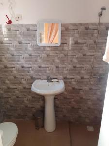 ein Badezimmer mit einem weißen Waschbecken und einer Ziegelwand in der Unterkunft Hôtel Colibri in Niaga