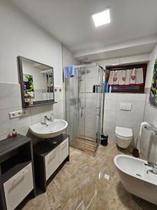 La salle de bains est pourvue d'une douche, d'un lavabo et de toilettes. dans l'établissement schöne Wohnung am Georgenberg, à Reutlingen