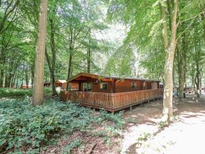 una cabaña de madera en el bosque con árboles en Bamboo Retreat, en Legbourne