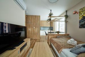 a bedroom with a bed and a tv and a kitchen at Mountain Gem Zakopane in Zakopane