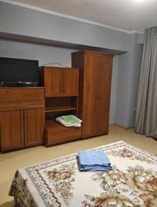una camera con letto, TV e armadi in legno di Однокомнатная квартира в центре города, Панфилова 80, Алматы a Almaty