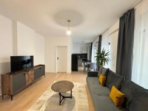 salon z kanapą i telewizorem w obiekcie Exit Aparthotel w mieście Floreşti