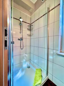 a bathroom with a shower and a tub at Haus am Berg 2 in Neuenkirchen