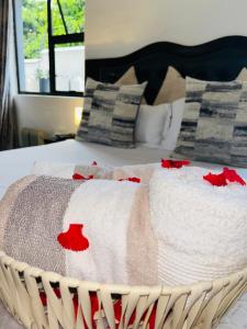 a bed with a blanket with red flowers on it at Skyfly Bed & Breakfast in Manzini