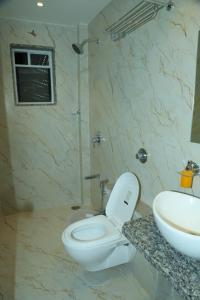 a bathroom with a white toilet and a sink at Hotel Sai D-lax in Shirdi