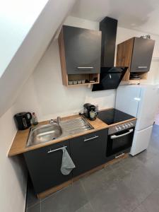 una pequeña cocina con fregadero y nevera. en Moderne Wohnung Karlsruhe Neureut, en Karlsruhe