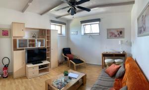 ein Wohnzimmer mit einem Sofa und einem TV in der Unterkunft Gîte au Champagne Jean Milan 
