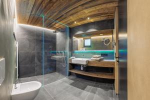 a bathroom with a toilet and a sink and a shower at Köfele Lodge Sepp in Parcines