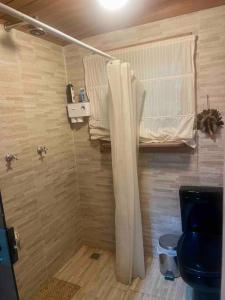 a small bathroom with a shower and a toilet at Casa Portal Sagrado Matutu- Aiuruoca MG in Aiuruoca