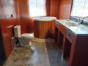 uma casa de banho com uma banheira, um WC e um lavatório. em Casa Ísis- Chapada dos Veadeiros em Alto Paraíso de Goiás