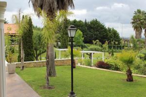 a street light in a garden with palm trees at Salmanha Residence in Figueira da Foz