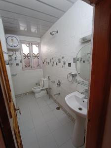 a white bathroom with a sink and a toilet at Snowline Homestay in Kīar