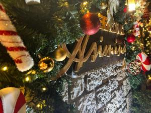 Un árbol de Navidad con adornos de Navidad en él en Asimina Guesthouse, en Eptalofos