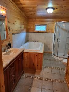 a large bathroom with a tub and a sink at HTR Adirondacks in Old Forge