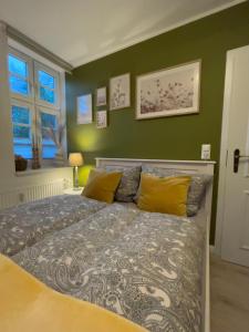 una camera da letto con letto con cuscini gialli e pareti verdi di 4 wunderschöne Ferienwohnungen im Kavaliershaus a Schwerin