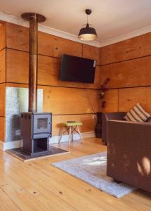 sala de estar con fogones y TV en Casa loft con opción de tina temperada, en Puerto Varas