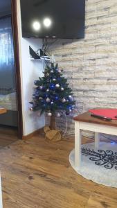 un árbol de Navidad en una sala de estar con mesa en Czesławka, en Zawoja