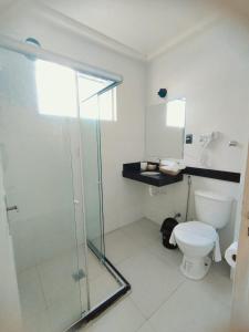 uma casa de banho com uma cabina de duche em vidro e um WC. em Hotel Boa Viagem Aeroporto em Recife