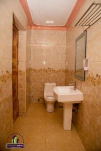 a bathroom with a toilet and a sink at Amicus Hotel Kampala in Kireka