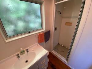 a bathroom with a sink and a shower and a window at By the Seashaw - Hosted by Lorna, Michael & Katja in Parapara 