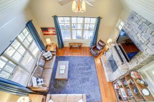 an overhead view of a living room with a fireplace at Lake Livin Lodge Cashiers Retreat with Mtn Views in Cashiers