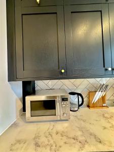 a microwave oven on a counter in a kitchen at Bright and Airy Two Bedroom Apartment in London