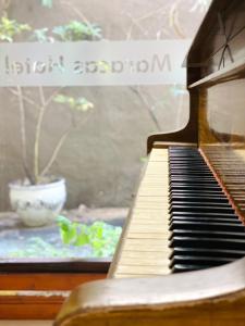 a piano sitting in front of a potted plant at Hotel Maracas in Villa Gesell