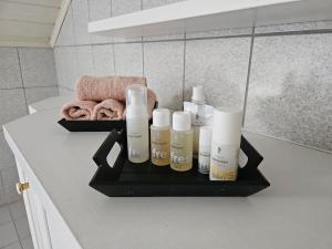 a shelf with a bunch of products on a bathroom counter at Appartement "Toni" 